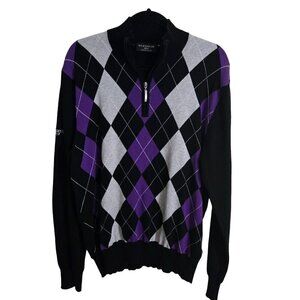 Glenmuir The Open Quarter Zip Argyle Cotton Golf Sweater Black & Purple Size XL